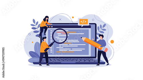 Team of small developers working on a giant laptop screen with code lines to build and debug a new software or website application.