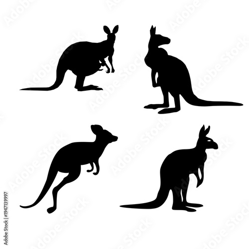 Kangaroo Silhouette Collection Showing Standing and Jumping Wildlife Poses