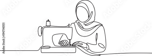 continuous single drawn one line woman sews behind the sewing machine hand-drawn picture silhouette. Line art. Muslim woman. one line Icon drawing