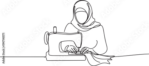 continuous single drawn one line woman sews behind the sewing machine hand-drawn picture silhouette. Line art. Muslim woman. one line Icon drawing