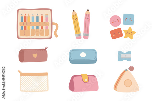 Collection of cute school stationery and various pencil cases flat vector