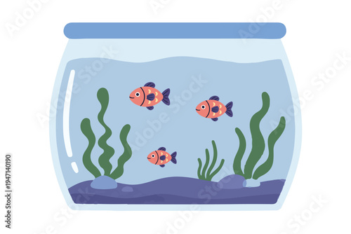 Cute fish bowl aquarium with gold fish and aquatic plants flat vector illustration