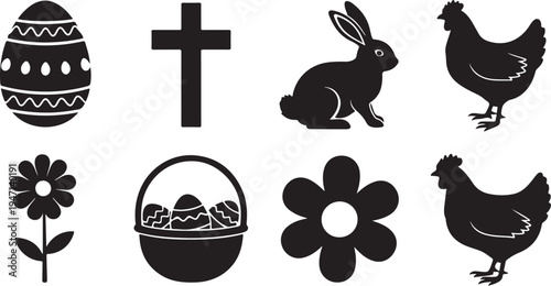 Assorted black and white illustrations representing easter and spring isolated on transparent background, isolated on white background, Vector