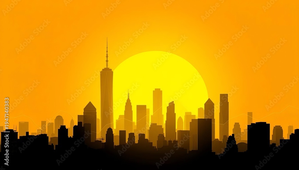 Fototapeta premium City skyline silhouette against yellow background with overlaid data graph, development, skyscrapers