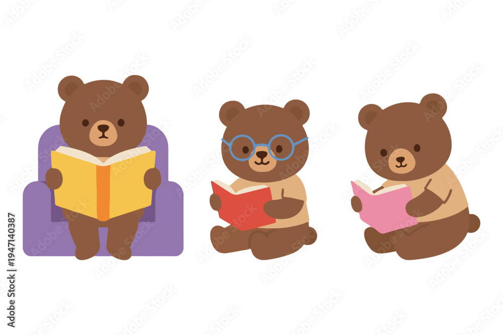 Obraz premium Collection of adorable bear characters reading books on sofa and with glasses flat vector