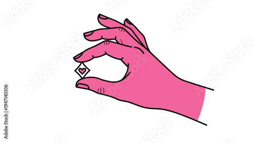 Pink hand holding a miniature postage stamp with a heart symbol for love letter and communication concepts on white background.