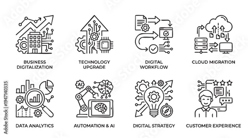 Comprehensive vector graphic set illustrating core concepts of digital transformation including technology upgrade, cloud migration, data analytics, and customer experience optimization.