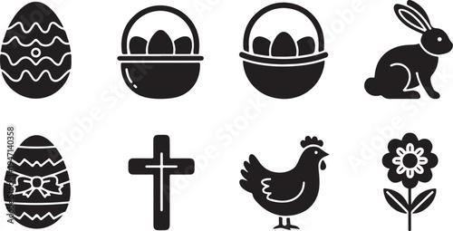 Easter-themed icons featuring eggs, a basket, a rabbit, a cross, a chicken, and a flower isolated on transparent background, isolated on white background, Vector
