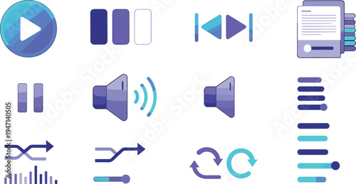 Media player control interface icon set with play button, pause, speaker volume, shuffle arrows, equalizer bars and playlist controls vector illustration