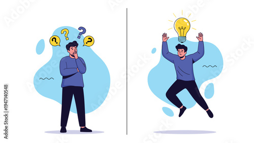 Split screen showing a man thinking with question marks and another man jumping for joy with a bright light bulb idea above him.