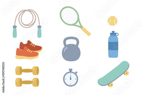 Comprehensive fitness and gym equipment set with dumbbells kettlebell and skateboard flat vector