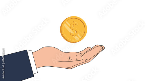 Businessman hand with a floating golden dollar coin for wealth management and investment concepts on white background.