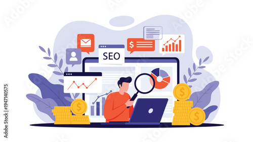 Digital marketing specialist analyzing SEO data and financial graphs on a laptop screen surrounded by money icons and gold coins.