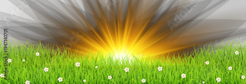 Golden sun rising from the horizon with blinding light rays isolated on transparent background, sunrise or sunset vector illustration.