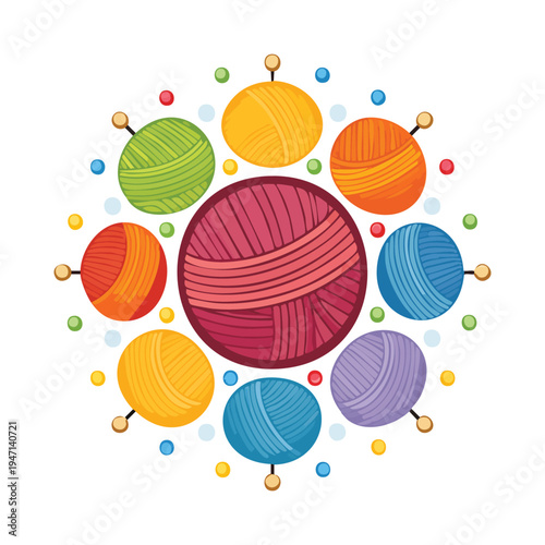 Colorful yarn balls arrangement illustration for crafts and needlework designs