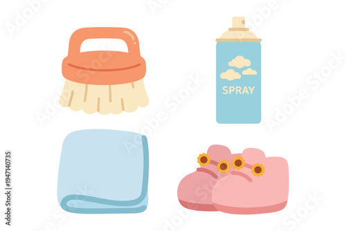 Set of cleaning supplies with brush spray bottle towel and cute shoes flat vector