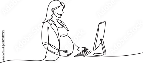 one line continuous painted pregnant business woman painted by hand silhouette picture. Line art. character woman on the robot pregnant at the computer. one line Icon drawing