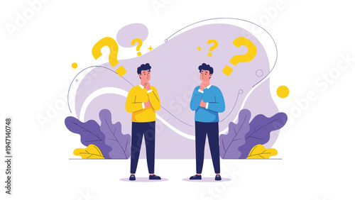 Two men standing with hands on their chins looking confused with multiple yellow question marks floating around their heads.