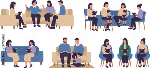 Families Spending Time Together, Reading Books and Playing with Pets in Cozy Home Settings for Family Bonding, Leisure, and Family Time Illustrations