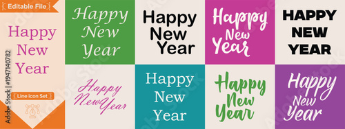 Happy new year set collection different happy new year typographic designs and lettering in various styles, isolated on Elegant happy new year script calligraphy vector bundle set.