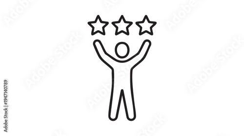 Simple black outline vector graphic illustrating a stylized person figure celebrating success by holding up three five-pointed stars above their raised arms in achievement.