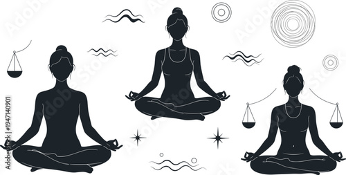 Meditation and mindfulness silhouette set with woman in lotus yoga pose, spiritual balance symbols and relaxation concept vector illustration