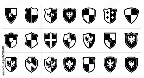 Collection of 20 unique heraldic shield crests with various designs and patterns on white background