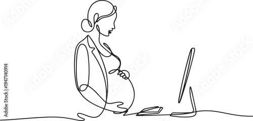 one line continuous painted pregnant business woman painted by hand silhouette picture. Line art. character woman on the robot pregnant at the computer. one line Icon drawing