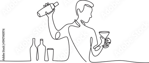 continuous single drawn one line bartender makes a cocktail hand-drawn picture silhouette. Line art. one line Icon drawing