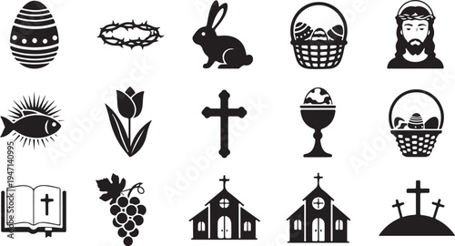 Collection of religious and easter symbols and icons in black and white isolated on transparent background, isolated on white background, Vector