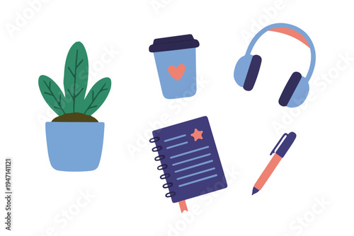 Workspace stationery set with potted plant notebook and headphones flat vector