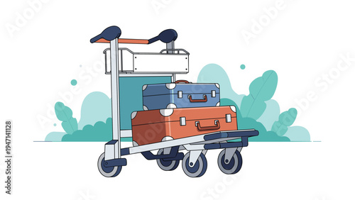 Airport luggage trolley loaded with suitcases illustrating travel and vacation logistics concepts on white background.