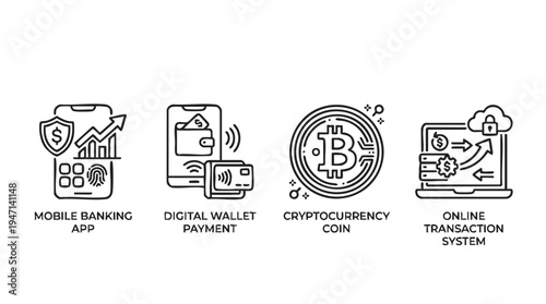 Black line icons of mobile banking app, digital wallet payment, cryptocurrency coin and online transaction system on white background for finance and technology