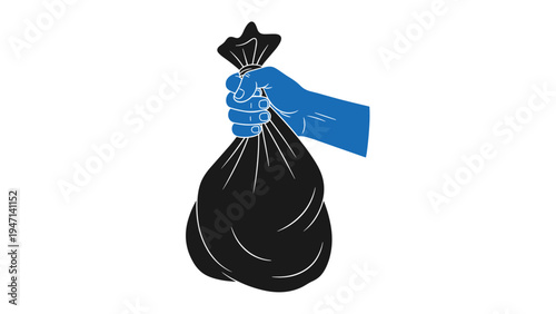 Blue hand holding a black garbage bag for waste management and environmental cleaning concepts on white background.