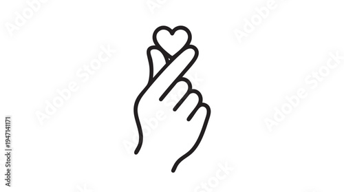 Hand making heart shape with fingers in minimalist line art on white background for love and care