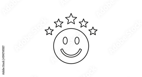 Happy face with stars above simple line drawing.