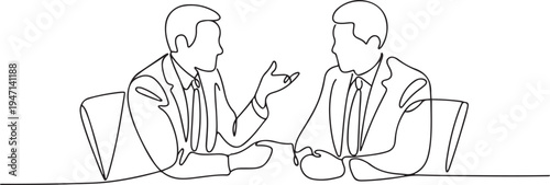 continuous single drawn one line business meeting hand-drawn picture silhouette. Line art. character of two men at a business meeting. one line Icon drawing