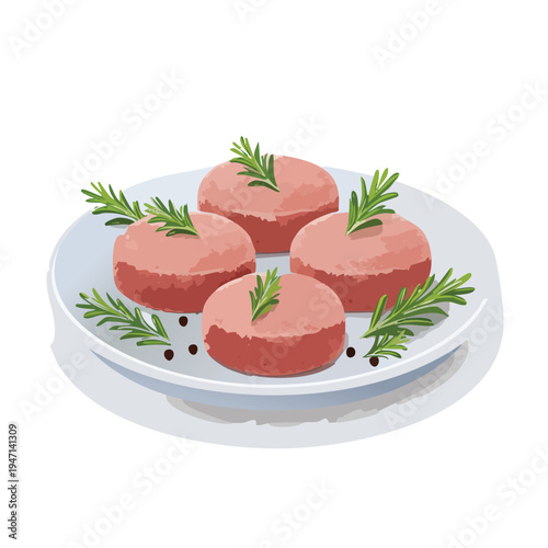 Freshly prepared meat patties with rosemary on a plate against white background