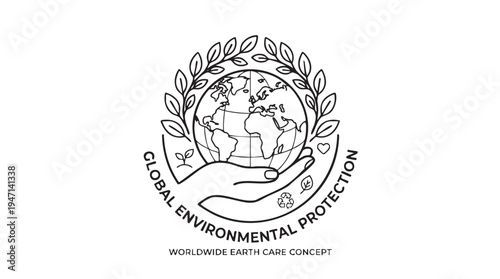 Earth globe with leaves and hands in black line art for environmental protection and eco friendly worldwide earth care