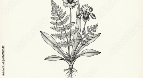 Botanical illustration of a fern and iris flower with roots.