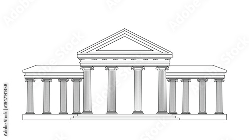 Detailed line art illustration of a classical building with columns for museum and government concepts on white background.