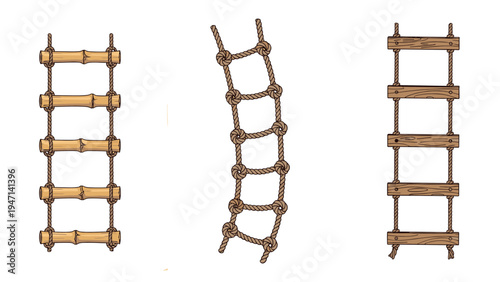 Three different types of rope ladders made of bamboo, standard rope, and wooden boards for climbing and rescue equipment needs.