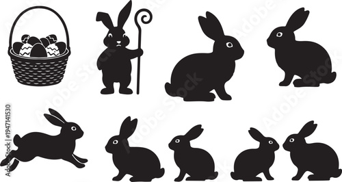Easter-themed illustrations featuring bunnies and a basket of eggs isolated on transparent background, isolated on white background, Vector