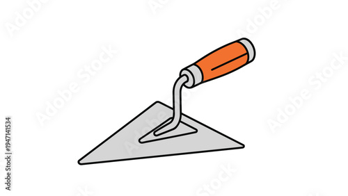 Metal pointed trowel with an orange wooden handle is shown as a vector illustration for construction, masonry, and tiling work.