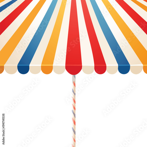 Colorful striped awning design against a bright white backdrop copy space
