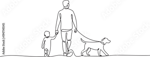 continuous single drawn one line of dad with child and dog hand-drawn picture silhouette. Line art. a man on a walk with his son and a dog. one line Icon drawing