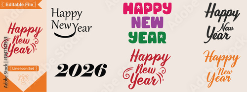 Happy new year set collection different happy new year typographic designs and lettering in various styles, isolated on Elegant happy new year script calligraphy vector bundle set.