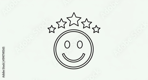 Happy face with five stars rating symbol outline.