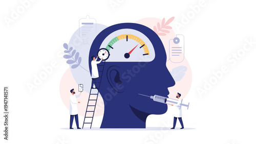 Medical professionals checking brain health and pressure with a gauge and a large syringe on a human head silhouette illustration.