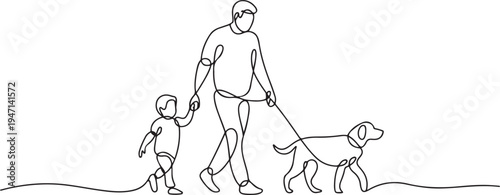 continuous single drawn one line of dad with child and dog hand-drawn picture silhouette. Line art. a man on a walk with his son and a dog. one line Icon drawing